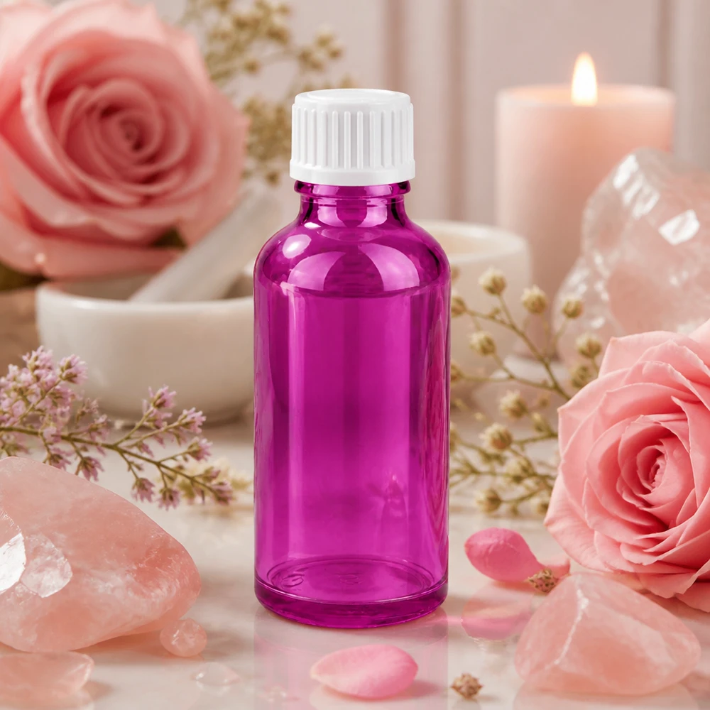 50ml (Globuli)Flasche 3mm Giessring weiß Standard PurpleLine. UT18/50 Kompakte 50ml Glasflasche in lila für präzise Dosierung von Ölen und flüssigen Kosmetika