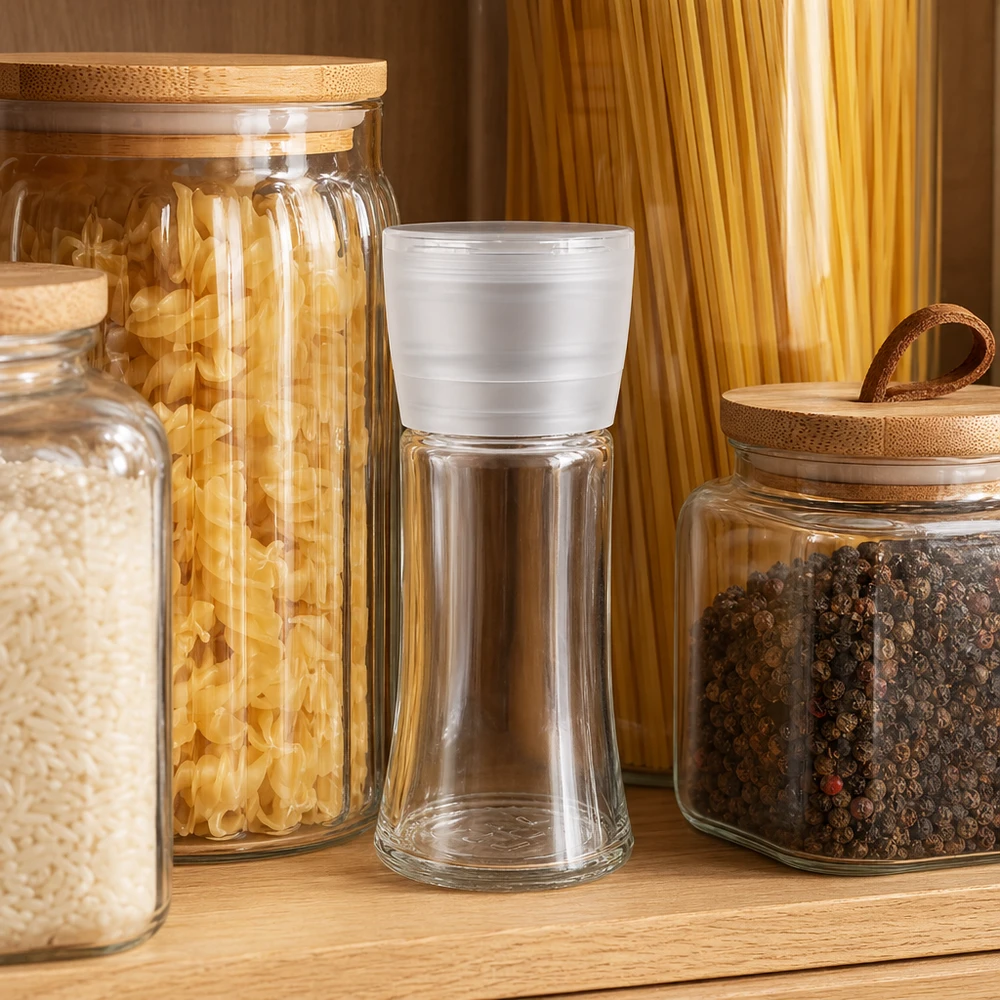 Nachfüllbare Mühle 95ml für Salz und Gewürze mit weissem Aufsatz zwischen Pasta und Pfeffer