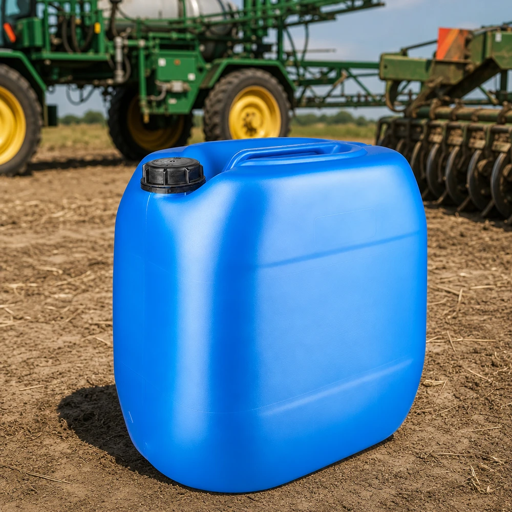 Blauer PE-Kanister 30 Liter mit OV-Verschluss für Agrarbetrieb neben Bodenbearbeitungsmaschine