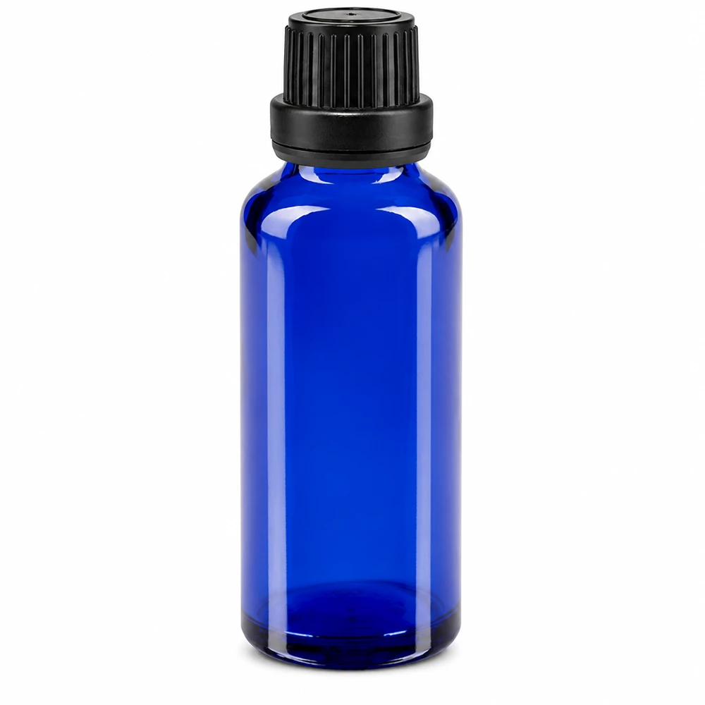Apothekenflasche blau 30ml Tropfverschluss Giessring 2mm schwarz Originalitätsverschluss Kleine blaue Medizinflasche 30ml aus Apothekenglas mit schwarzem Tropfverschluss
