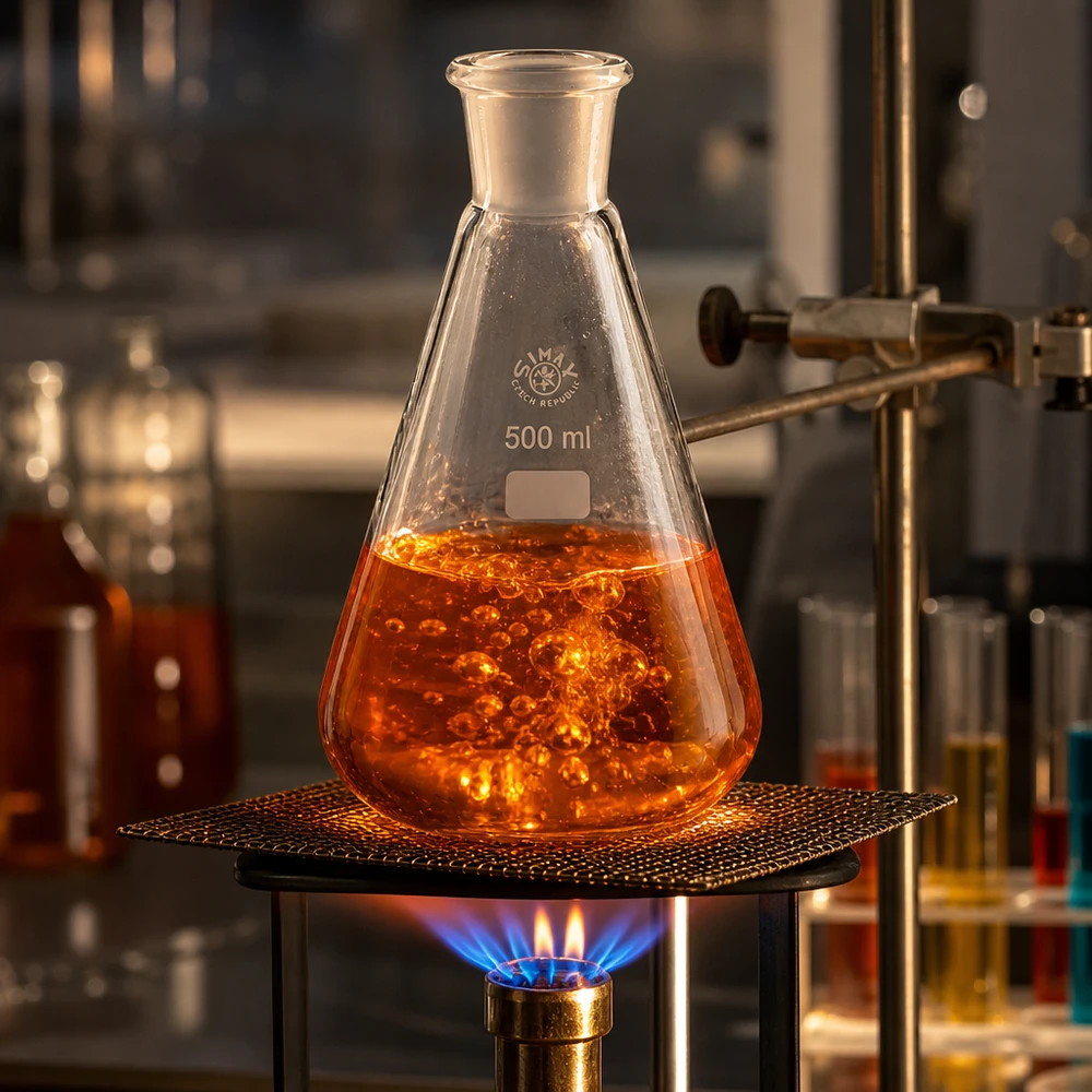 Erlenmeyerkolben 500ml mit Normschliff (29/32) Chemische Reaktion in 500ml Glaskolben mit Normschliff 29/32 über Gasbrenner