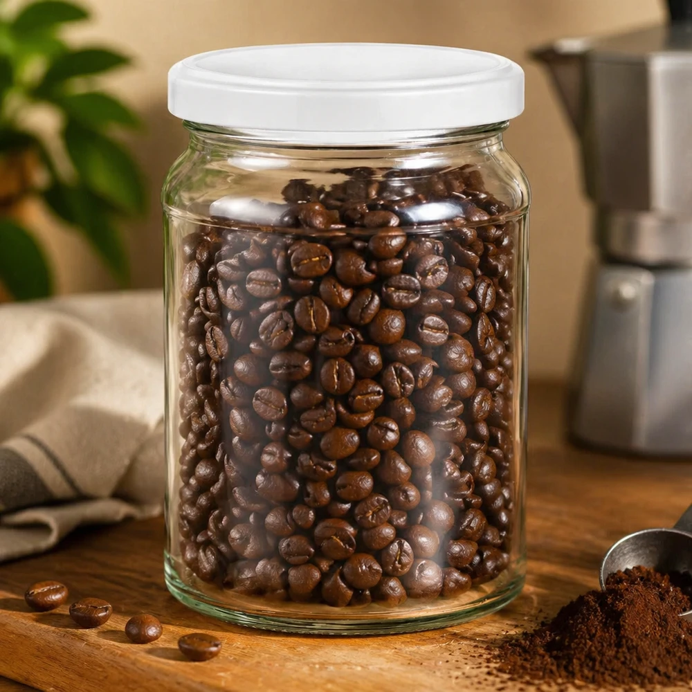 205ml Rundglas mit BasicSeal Deckel weiß UNiTWIST 205ml Rundglas UNiTWIST gefüllt mit Kaffeebohnen - luftdichtes Vorratsglas für Kaffee und trockene Lebensmittel