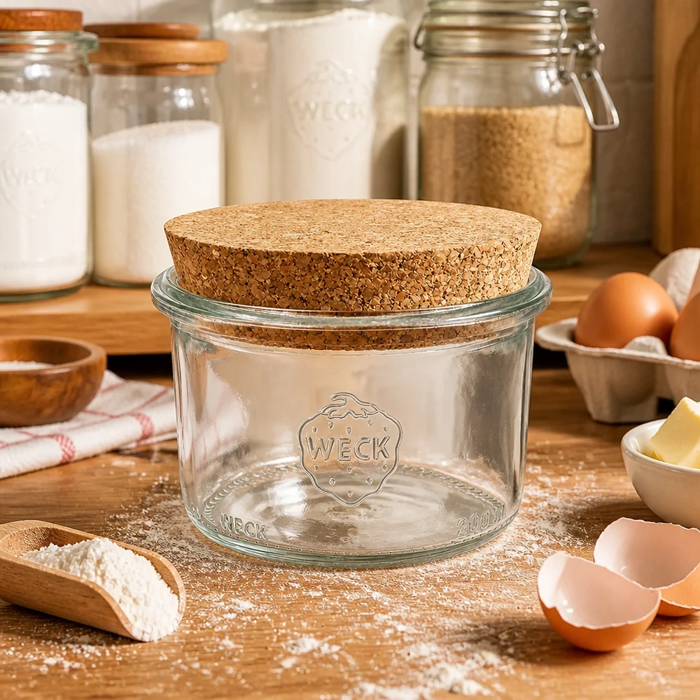 200ml Sturzglas WECK RR80 mit Korken natur WECK Sturzglas 200ml RR80 mit Korkdeckel auf Holzarbeitsfläche umgeben von Backzutaten Mehl Eiern und Butter