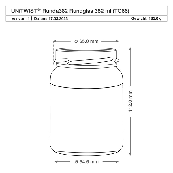382ml Rundglas ohne Deckel (TO66) UNiTWIST UNiTWIST Runda382 Rundglas 382ml TO66 technische Zeichnung mit Maßangaben Durchmesser 65mm Höhe 112mm Gewicht 185g
