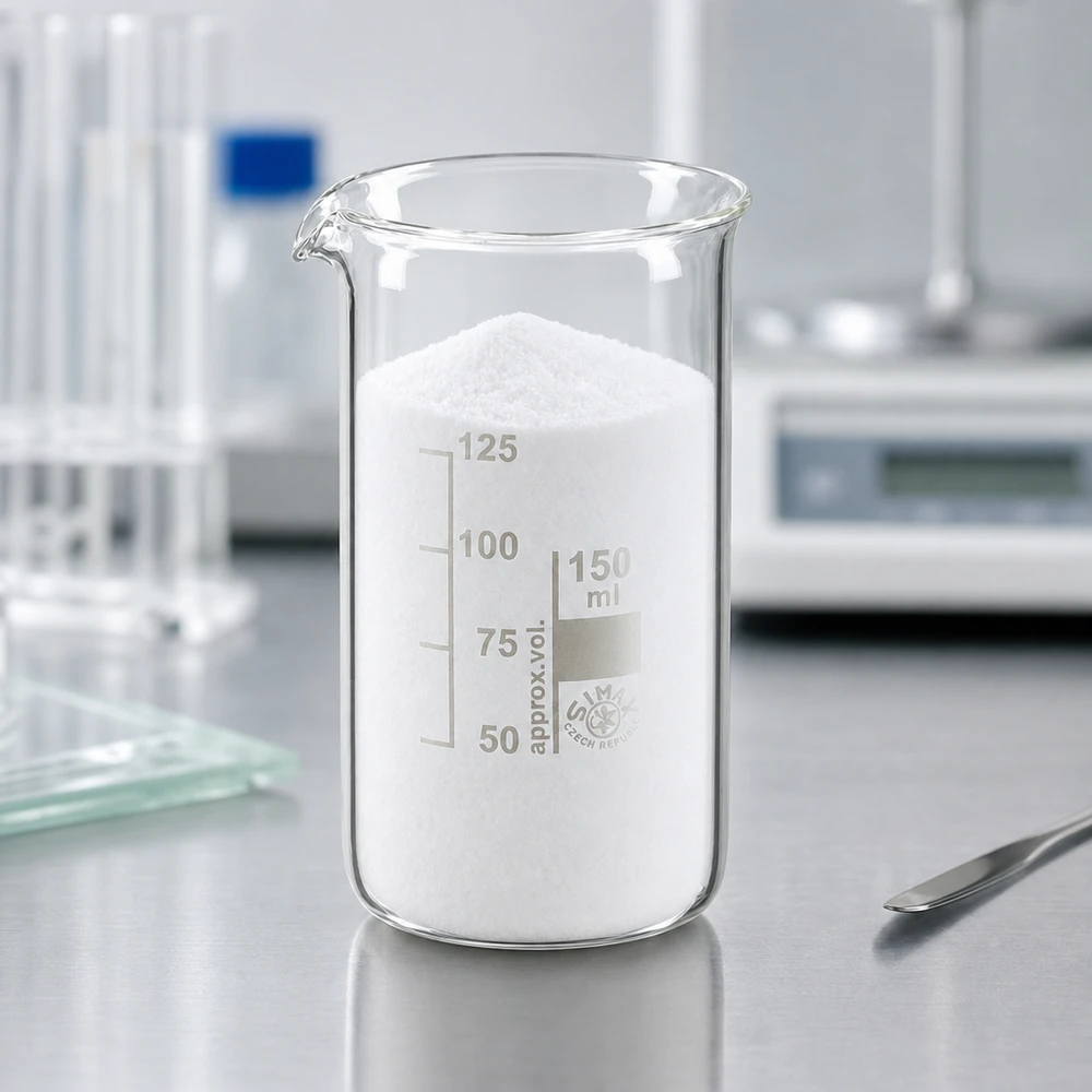 Becherglas 150ml Borosilikatglas, hohe Form Becherglas 150ml hohe Form mit Reagenzglasständer und Präzisionswaage im Hintergrund