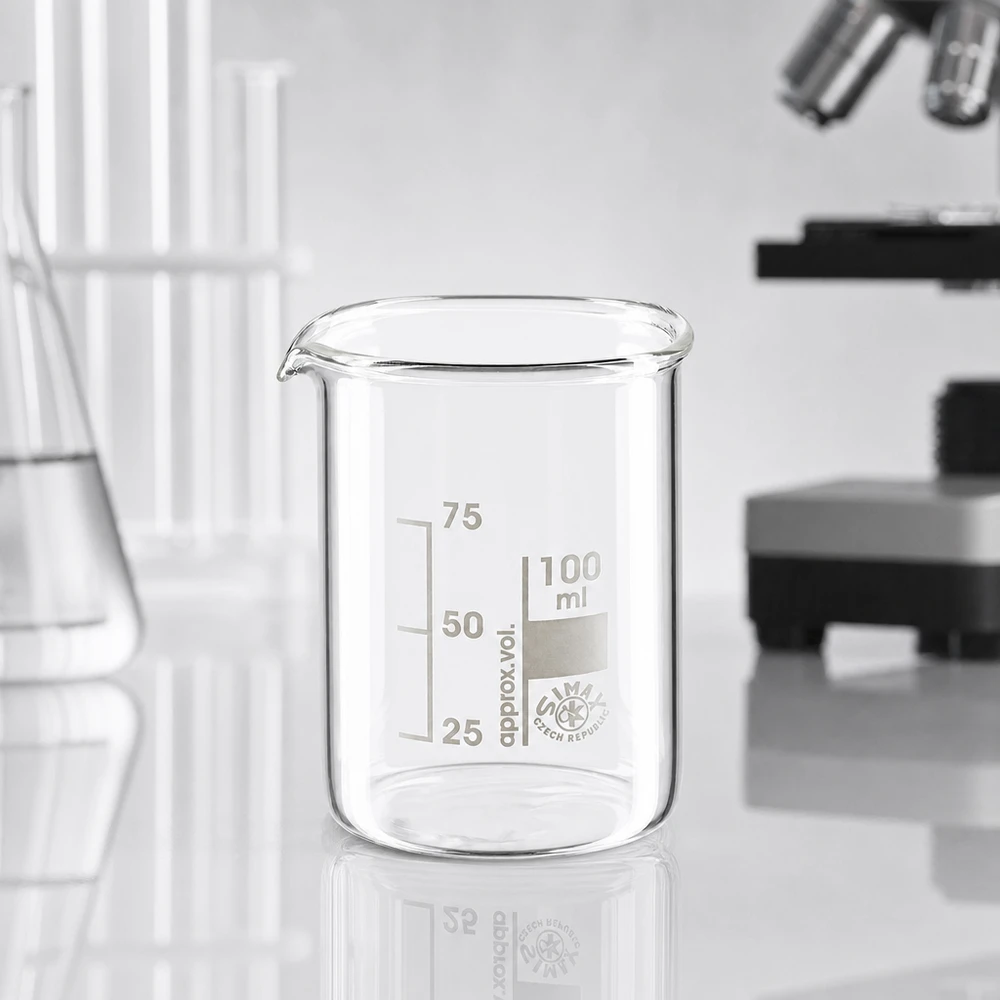Becherglas 100ml Borosilikatglas, niedrige Form Dickwandiges Becherglas 100ml niedrige Form aus temperaturbeständigem Borosilikatglas