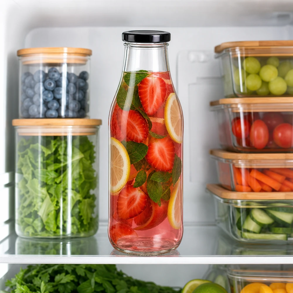 1000ml Glasflasche + BasicSeal Deckel schwarz UNiTWIST 1000ml Glasflasche mit Erdbeer-Zitronen-Getränk im Kühlschrank zwischen organisierten Lebensmittelbehältern
