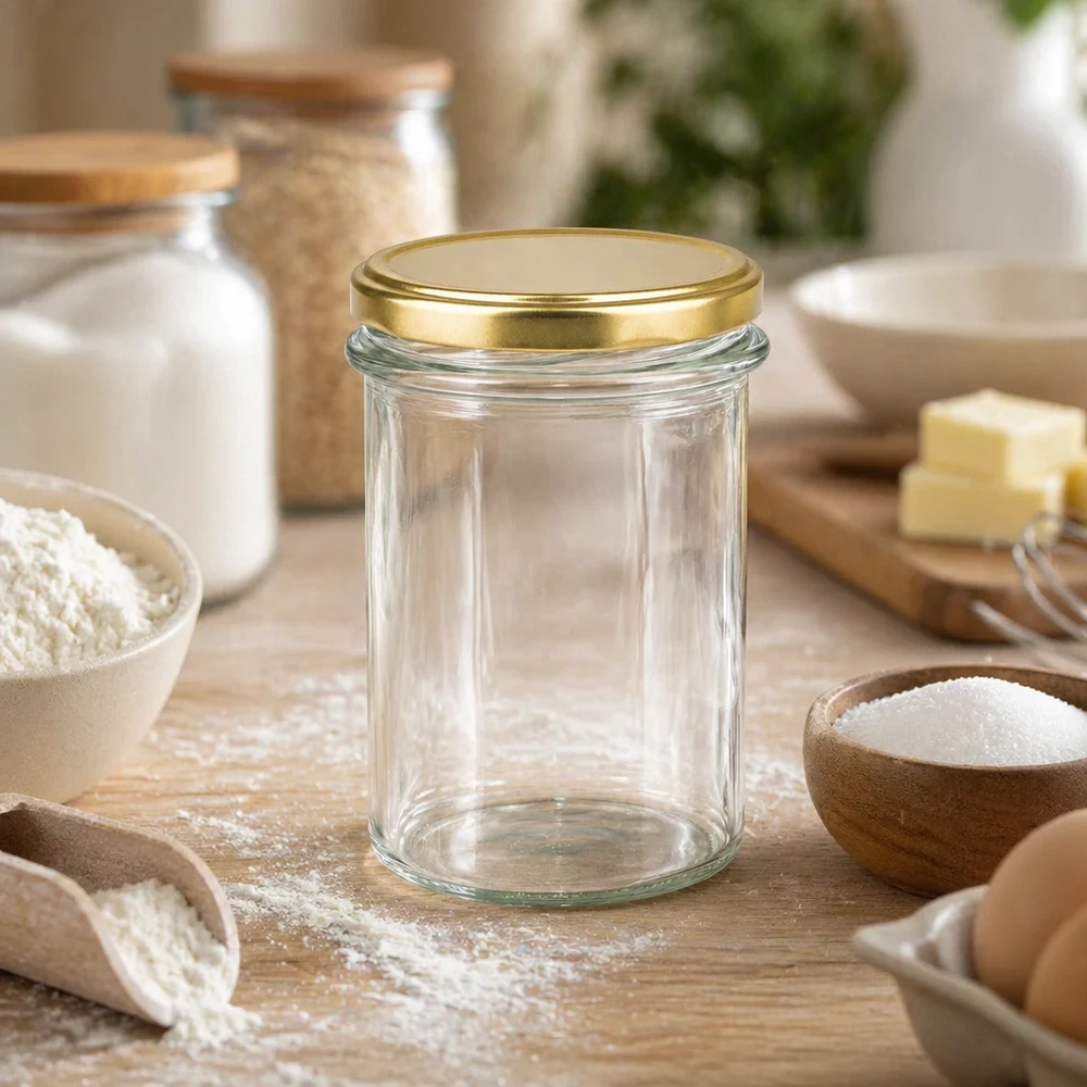 230ml Sturzglas leer mit goldenem BasicSeal Deckel UNiTWIST in Küche umgeben von Backzutaten und Holzschalen
