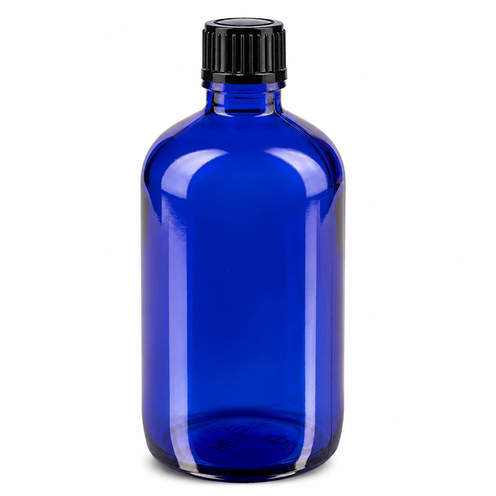 Apothekenflasche blau 100ml Tropfverschluss 1mm schwarz Standard Blaue 100ml Glasflasche mit 1mm Tropfeinsatz STD ideal für Pharmazie Kosmetik und Laboranwendung