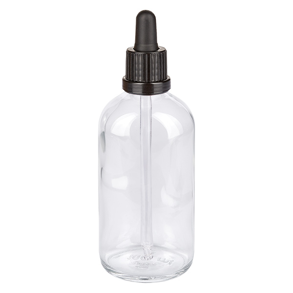 100ml Pipettenflasche schwarz Originalitätsverschluss ClearLine UT18/100 Klarglas Serumflasche 100ml mit schwarzer Messpipette für ätherische Öle und Seren