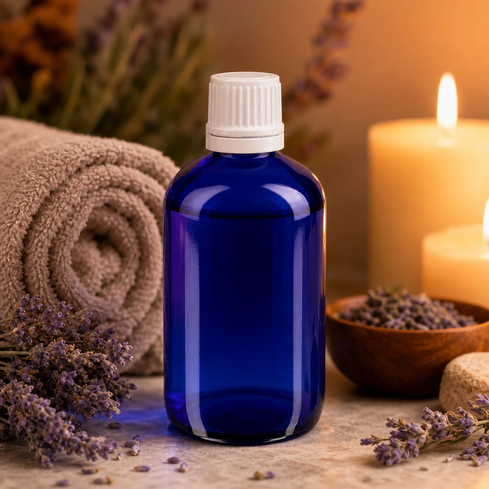 Apothekenflasche blau 100ml Schraubverschluss weiß Originalitätsverschluss Zylindrische blaue Apothekerflasche 100ml Fassungsvermögen mit weißem Sicherheitsverschluss
