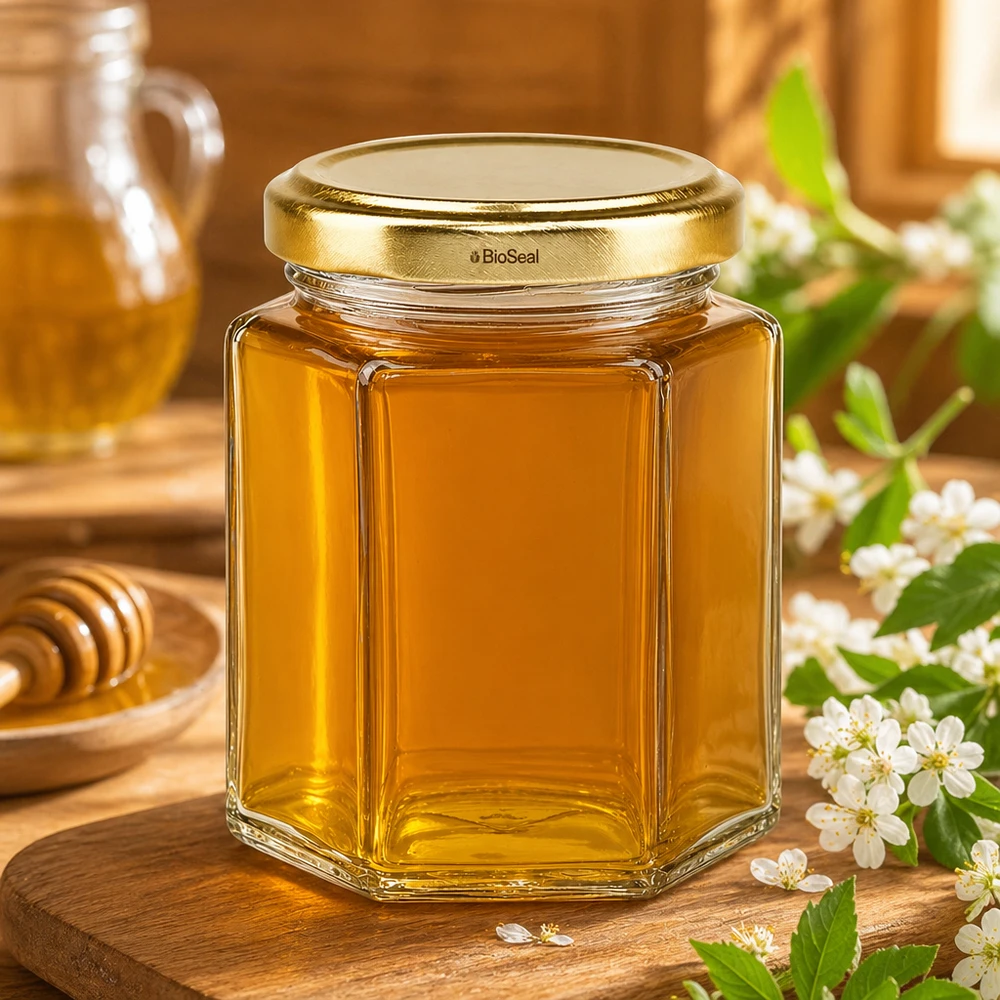 UNiTWIST Hexa196 Honigglas mit goldenem TO58 BioSeal Deckel neben Honigwabe und Blütenzweig auf Holztisch
