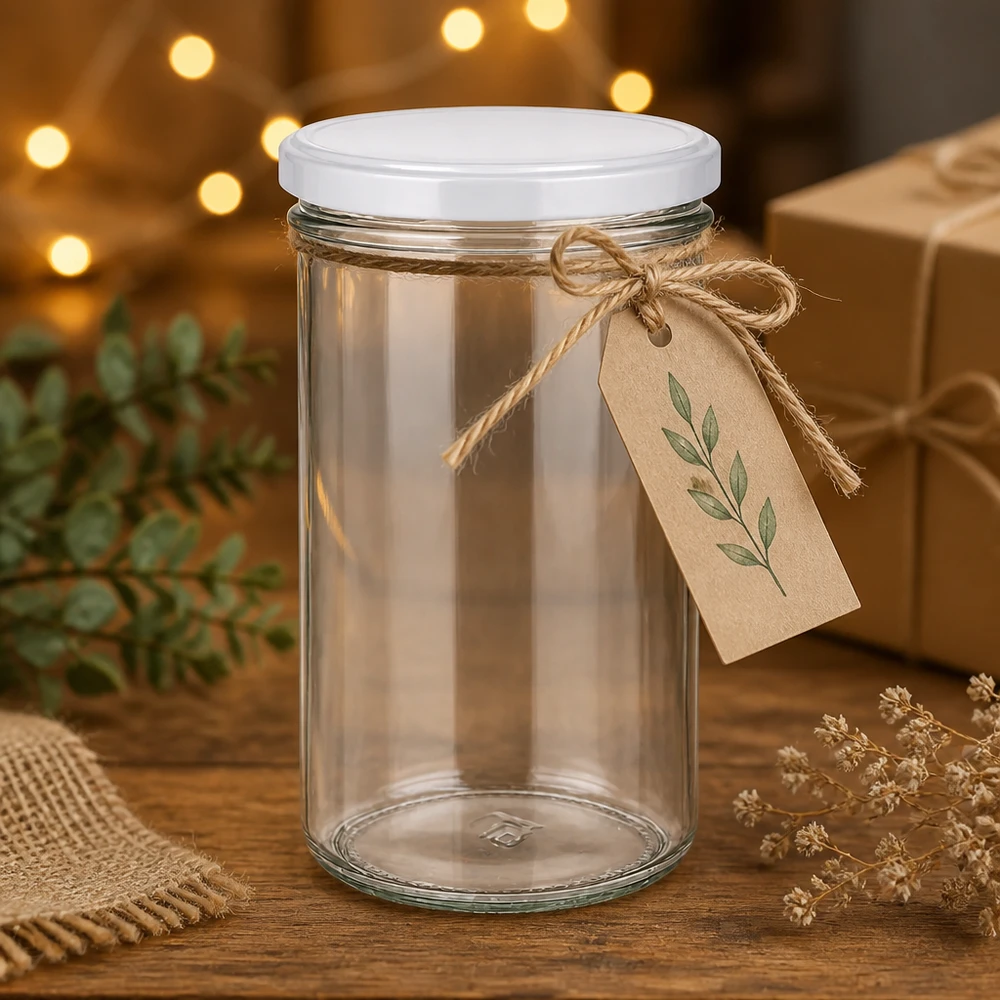 Leeres 277ml Sturzglas mit weißem Deckel als Geschenkidee dekoriert mit Kraftpapier-Anhänger und Jute-Band