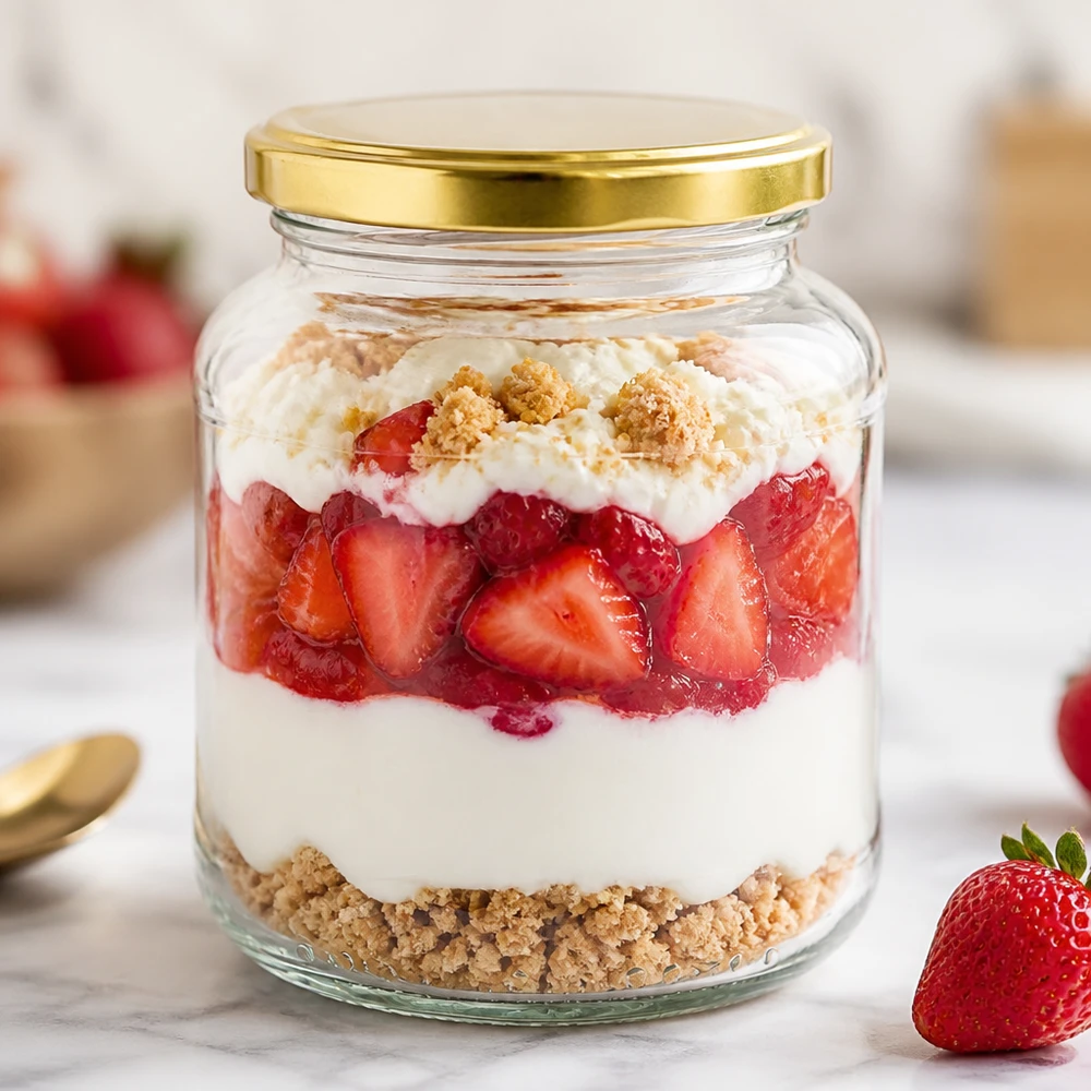 370ml Ovalglas mit goldenem BasicSeal Deckel UNiTWIST gefüllt mit Erdbeer-Dessert Schichtdessert im Vorratsglas