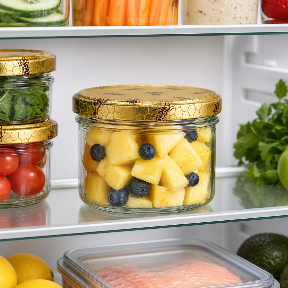 300g Honigglas im Kühlschrank als Frischhaltedose für Ananas und Blaubeeren mit praktischem Bienenwaben-Deckel
