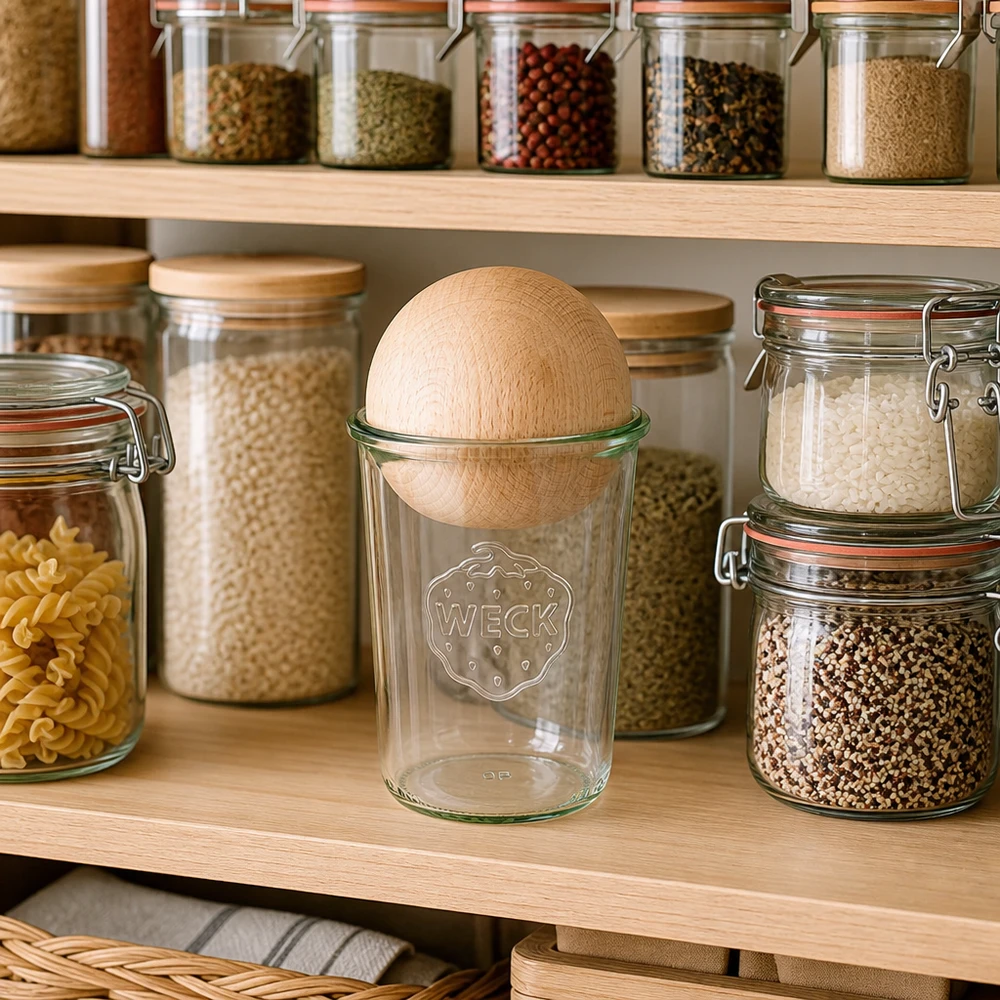 WECK RR100 Sturzglas 850ml mit Buche-Holzkugel in organisierter Vorratsküche zwischen Gewürzgläsern und Aufbewahrungsdos