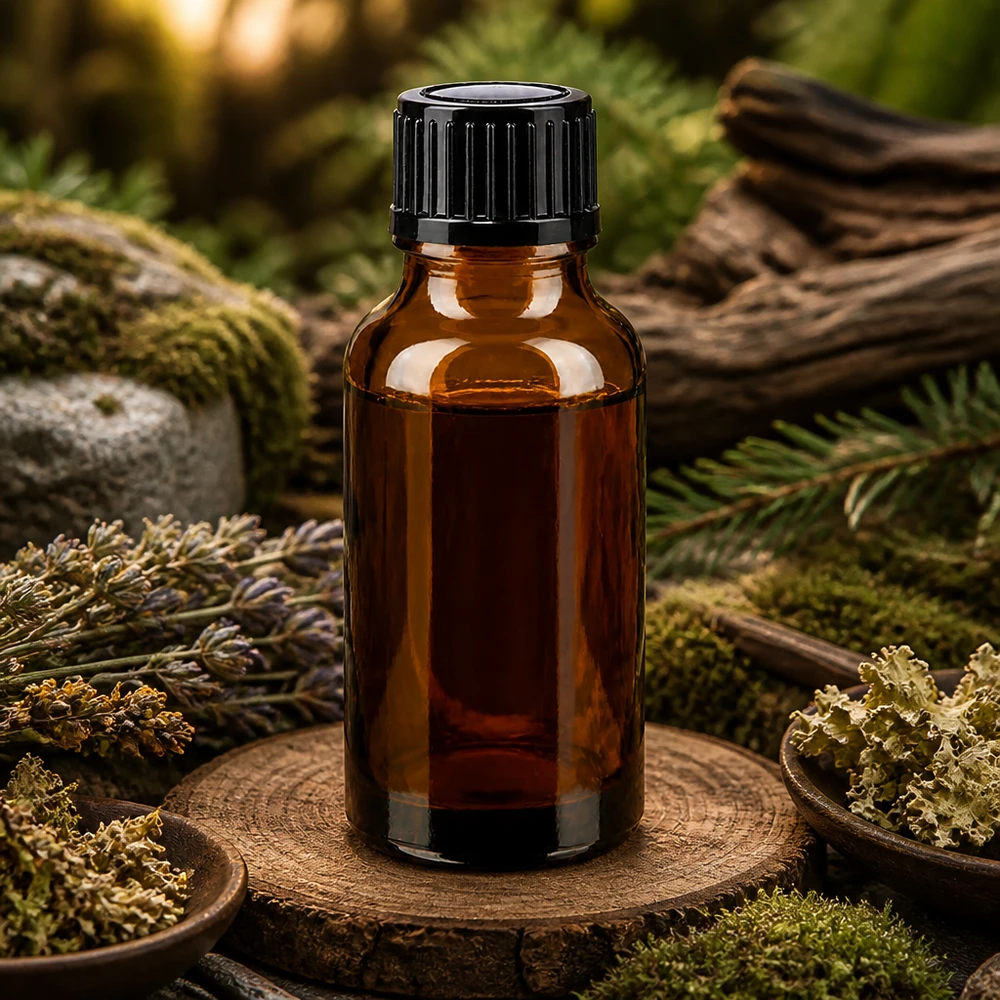 Naturnahe 20ml braune Tropfflasche aus ApoGlas mit schwarzem Verschluss auf rustikalem Holzsockel