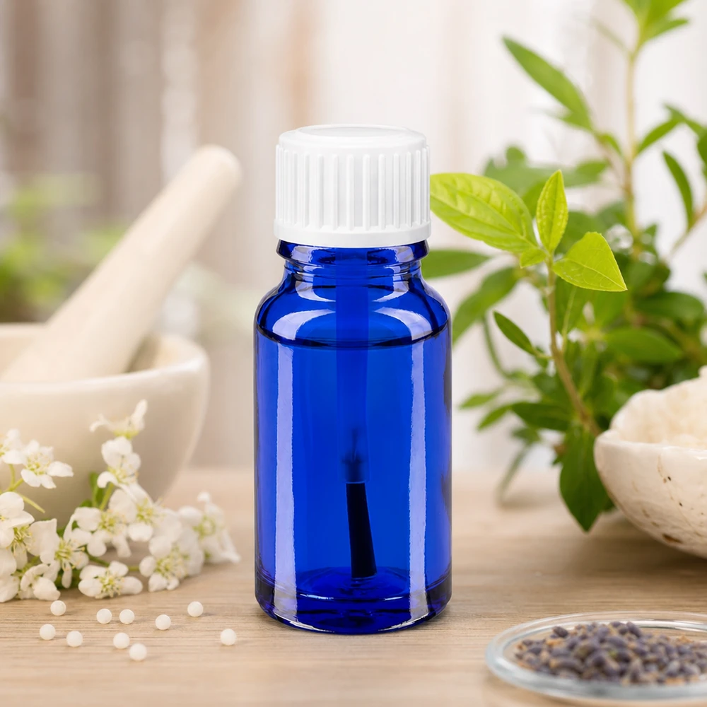 Apothekenflasche blau 10ml Schraubverschluss weiß Pinsel Blaues Apothekerfläschchen 10ml mit kindersicherem Pinseldeckel für homöopathische Zubereitungen