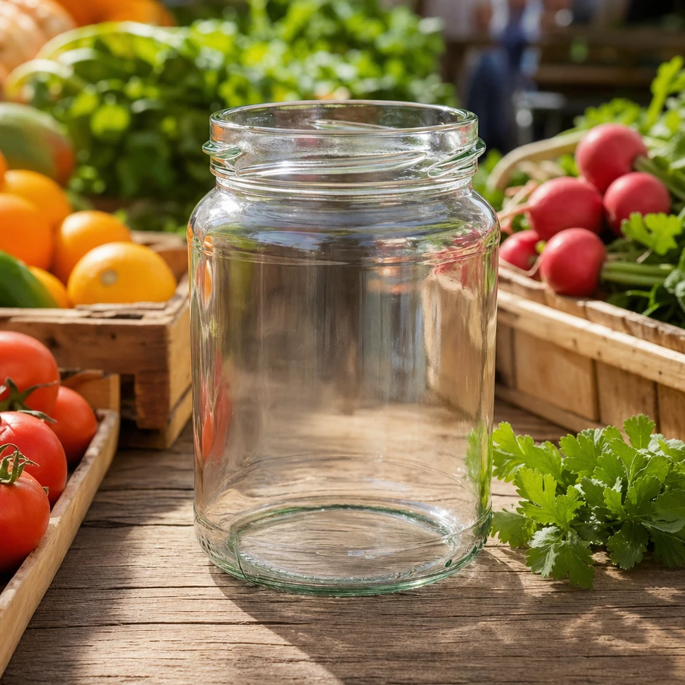 205ml Rundglas ohne Deckel (TO58) UNiTWIST UNiTWIST Runda205 Rundglas 205ml TO58 Einmachglas auf Holztisch mit frischem Gemüse Tomaten Radieschen