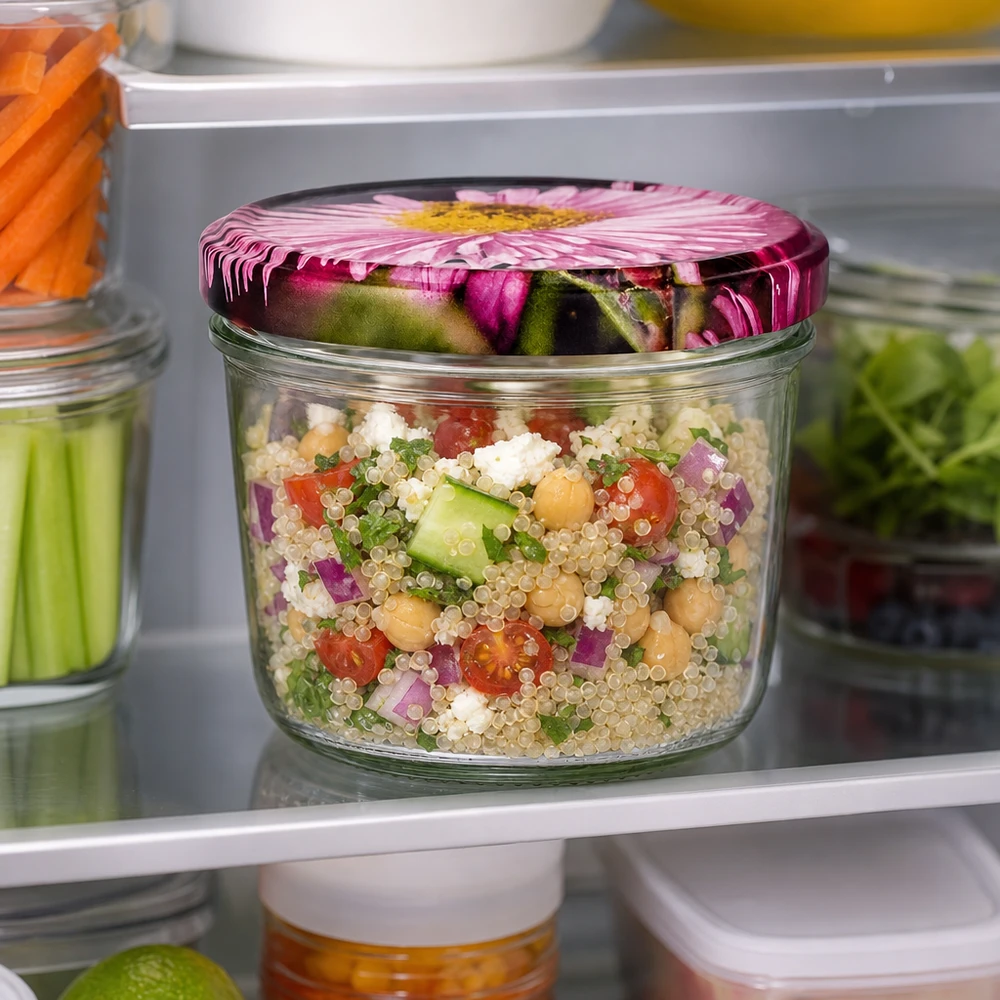 230ml Sturzglas + BasicSeal Deckel Blüten-Dekor UN Sturzglas 230ml mit BasicSeal Blütendeckel im Kühlschrank, gefüllt mit Quinoa-Salat und Gemüse als Meal-Prep