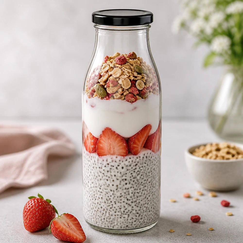 500ml Glasflasche mit schwarzem Deckel für Chia-Pudding mit Erdbeeren und Müsli Overnight Oats Frühstück