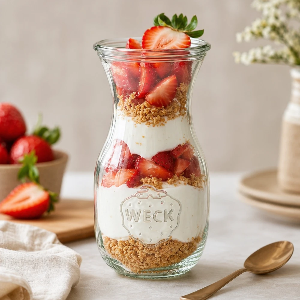 290ml Saftflasche mit Glasdeckel WECK RR60 WECK Saftflasche 290ml RR60 als Dessertglas mit Erdbeeren Joghurt und Kekskrümeln geschichtet auf weißem Tisch