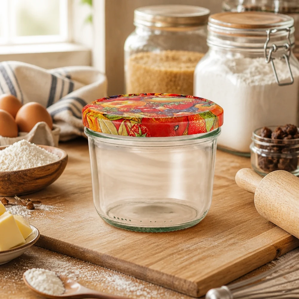 230ml Sturzglas + BasicSeal Deckel Obst-Dekor UNiTWIST Leeres 230ml Sturzglas mit BasicSeal Obstdekor-Deckel in Küche auf Holzbrett neben Backzutaten und Vorratsgläsern