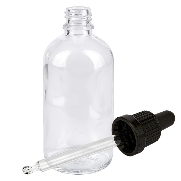 100ml Pipettenflasche schwarz Originalitätsverschluss ClearLine UT18/100 Klarglas Tropfflasche 100ml mit herausnehmbarem Glaskapillar und schwarzem Deckel ClearLine