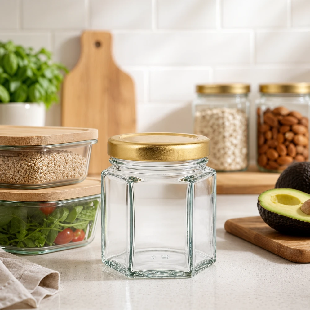 60g Honigglas hexagonal leer in moderner Küche mit Vorratsgläsern Avocado und Holzbrett als Dekoration