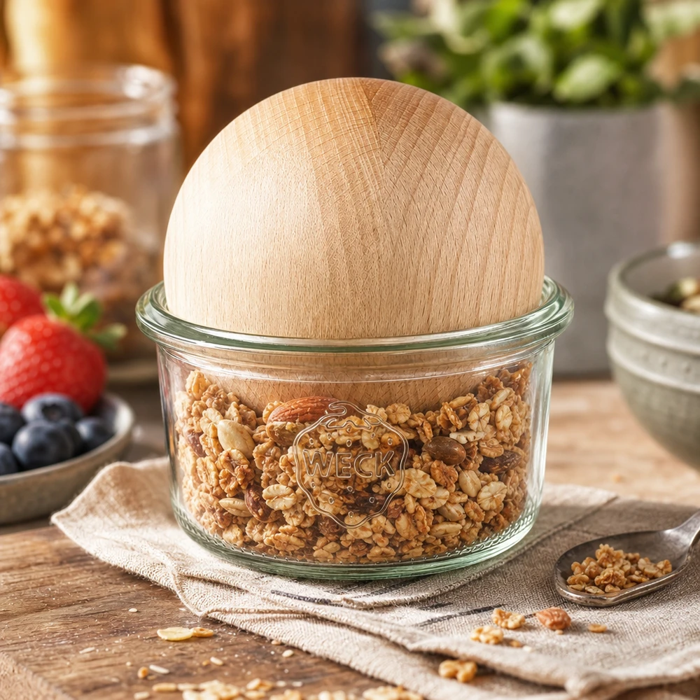 165ml Sturzglas WECK RR80 mit Holzkugel Buche WECK Sturzglas 165ml RR80 gefüllt mit Nüssen und Buchenkugel-Deckel als Vorratsbehälter in der Küche