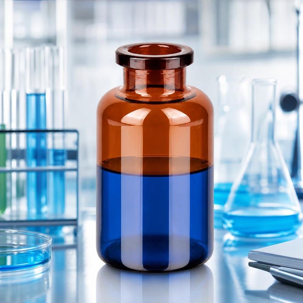 Kompakte Braunglas Injektionsflasche 20ml mit weitem Hals auf Labortisch