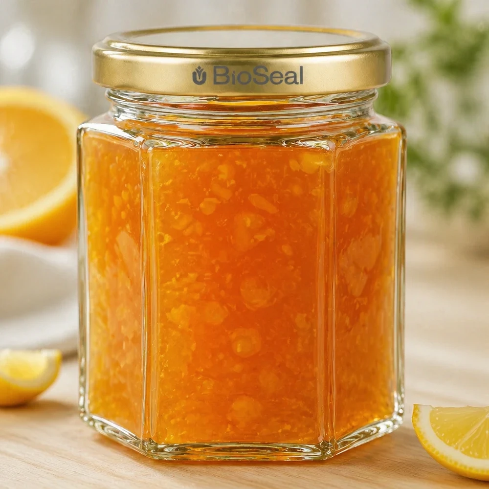 250g Honigglas hexagonal mit Orangenmarmelade befüllt BioSeal Golddeckel neben Orangenscheiben auf Holzbrett