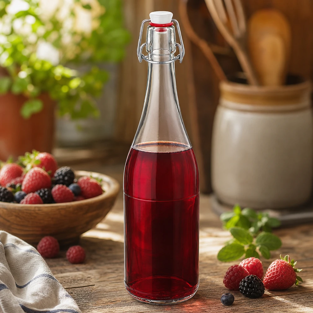 750ml Glasflasche Bügelverschluss mit Beerensaft befüllt Küchenstilleben mixed berries Fruchtgetränk rustikal