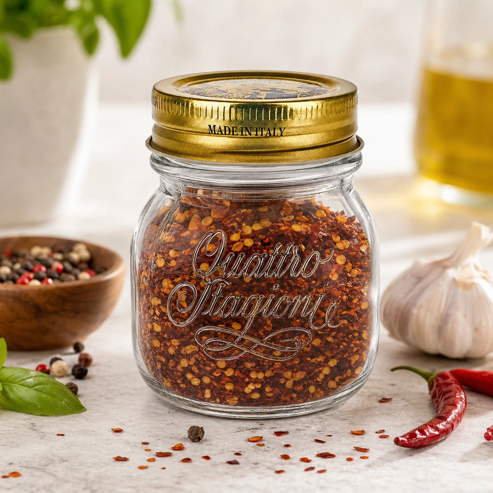 150ml Quattro Stagioni Rundglas mit goldenem Deckel gefüllt mit Chili-Gewürzmischung Made in Italy