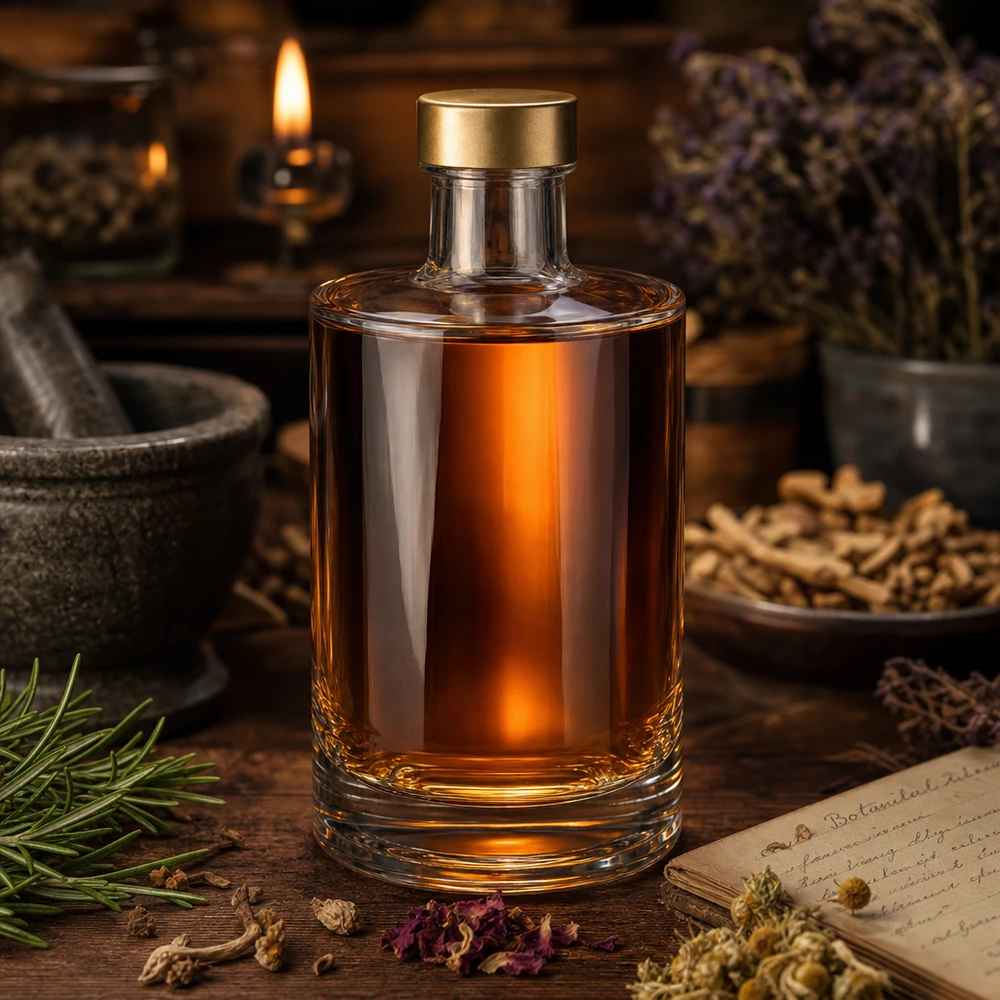 375ml Glasflasche "Sam" + Schraubverschluss gold UNiTWIST 375ml Glasflasche Sam mit Schraubverschluss gold gefüllt mit bernsteinfarbener Flüssigkeit rustikale Kräuter Szenerie