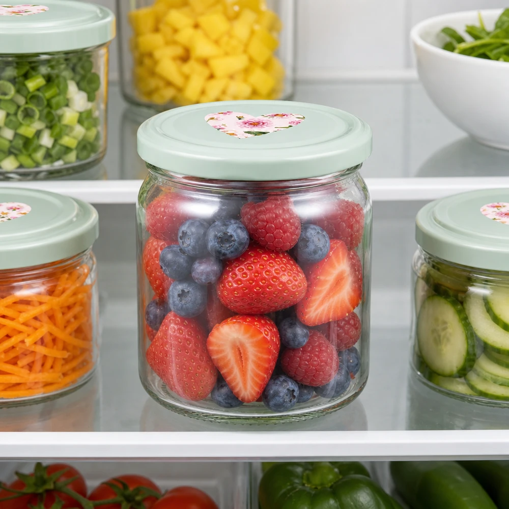 408ml Rundglas mit BasicSeal Deckel Herz mint im Kühlschrank, gefüllt mit frischen Beeren zur Lebensmittelaufbewahrung