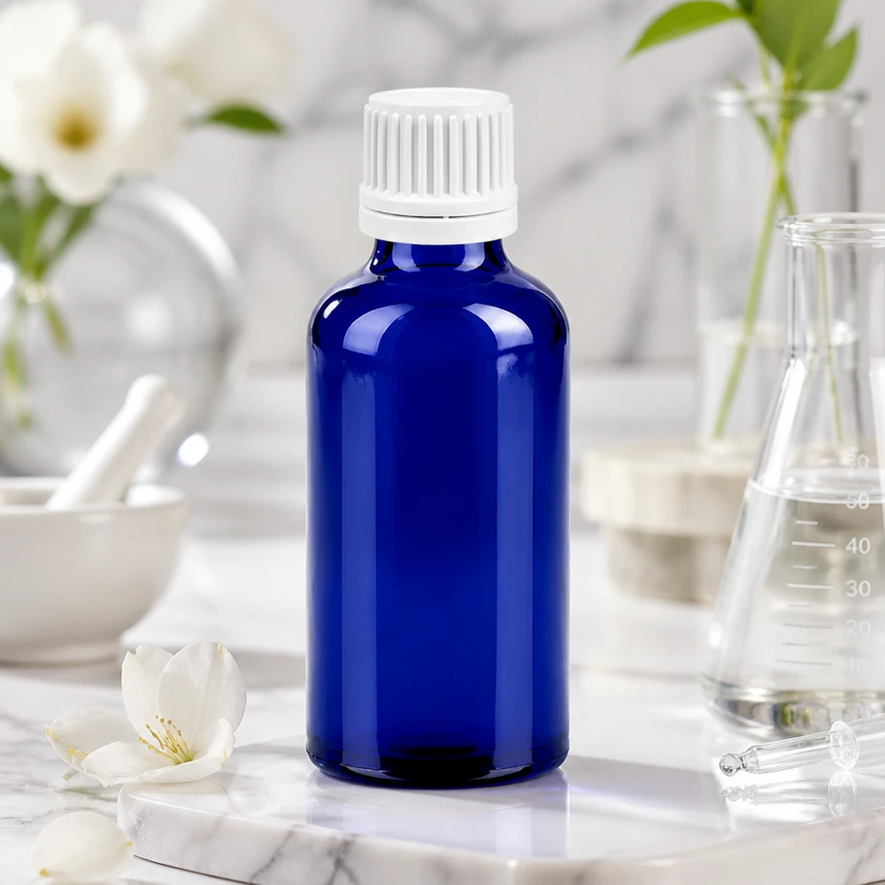 50ml OV BlueLine Glasflasche mit ergonomischem Design und tropffreiem Verschluss