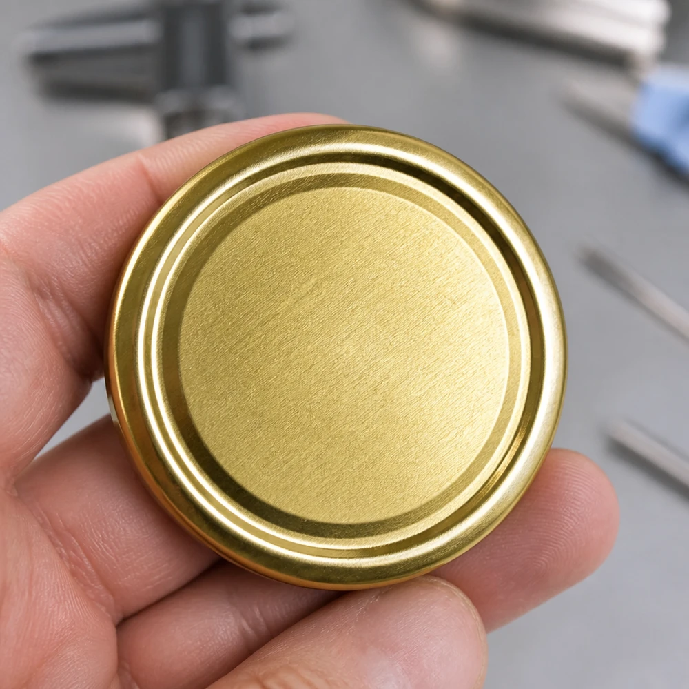 Gerillter Twist-Off Verschlussdeckel 100mm gold BasicSeal TO100 in Handfläche liegend