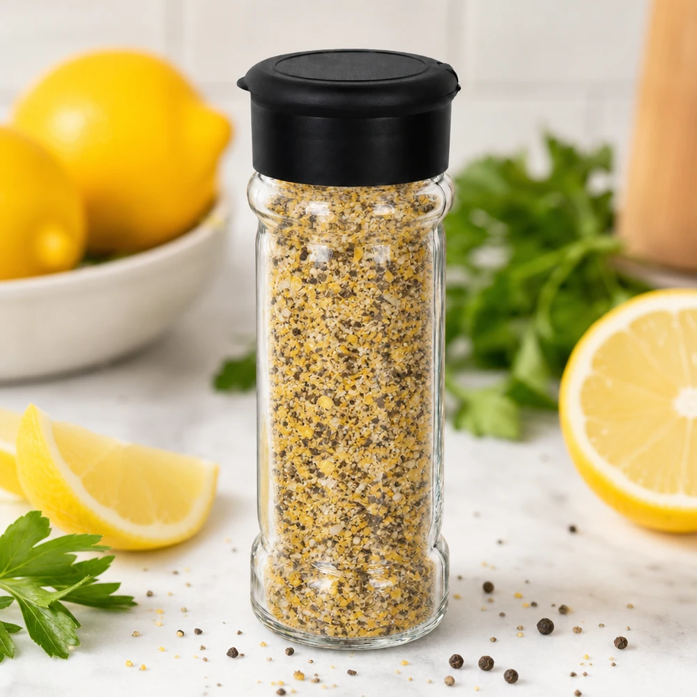 Salz-/Gewürzglas 100ml mit Streuer schwarz Gefülltes Salz-Streuglas 100ml aus Glas mit schwarzem Deckel neben Zitronenscheiben