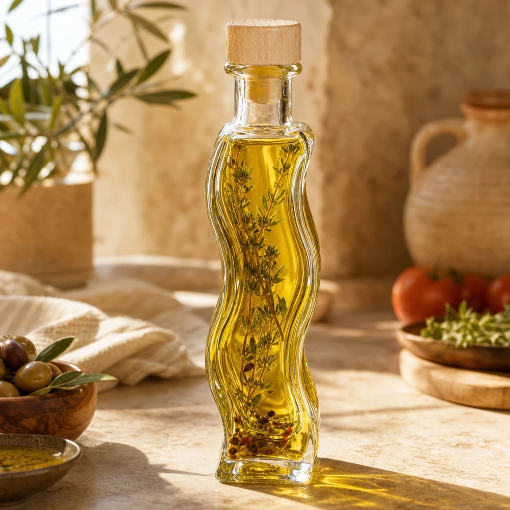 100ml Glasflasche "Melissa" mit Holzgriff-Korken UNiTWIST 100ml Glasflasche Melissa mit Kräuteröl gefüllt Rosmarinzweige mediterrane Küche Olivenöl Holzkorken Gewürzöl