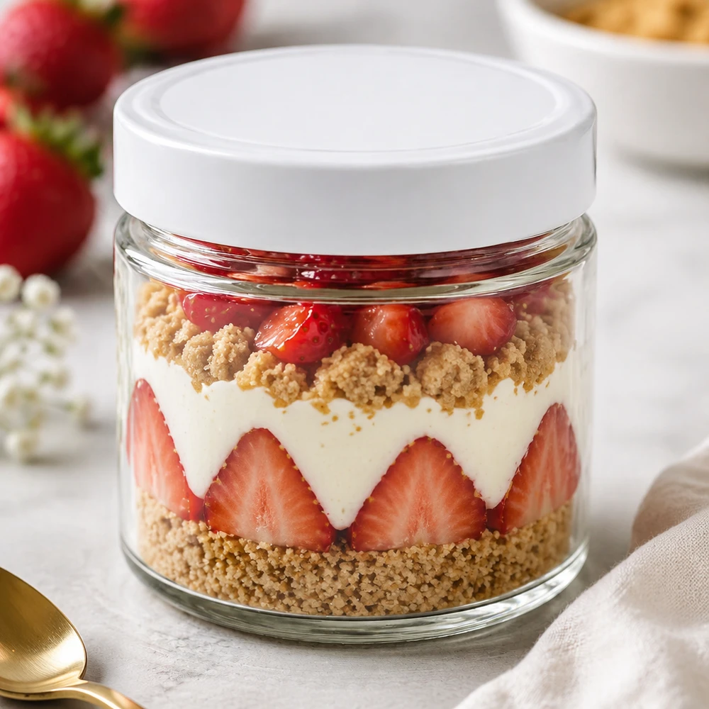 135ml Rundglas BasicSeal Deckel weiß Dessertglas Schichtdessert Erdbeeren Sahne Crumble Tiramisu Nachtisch