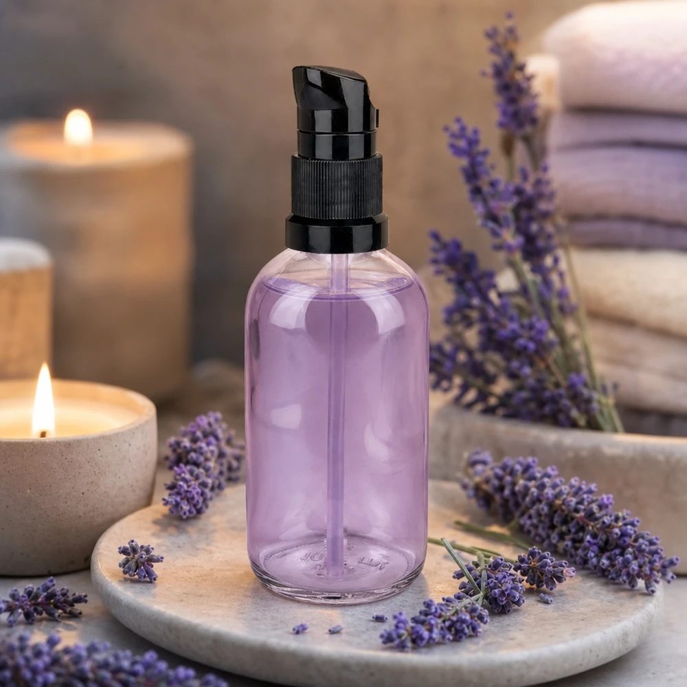 100ml Pumpflasche schwarz Standardverschluss ClearLine UT18/100 100ml Apothekerflasche ClearLine mit schwarzem Pumpverschluss lila Flüssigkeit Wellness