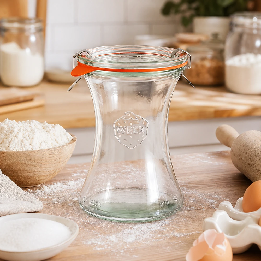 WECK Delikatessenglas 370ml RR80 leer in Küche mit Backzutaten Mehl Eier Holzutensilien Küchenambiente