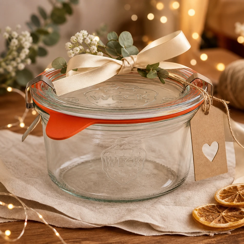 WECK Sturzglas 165ml RR80 als Geschenk dekoriert mit Schleife, Anhänger und Blumen auf festlichem Tisch