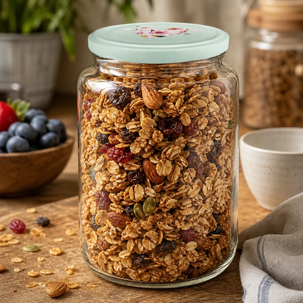 795ml Rundglas + BasicSeal Deckel Herz mint UNiTWIST 795ml Rundglas gefüllt mit Müsli und Nüssen zeigt mint Herzdeckel als praktisches Vorratsglas für Cerealien