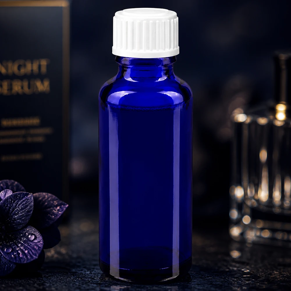 Apothekenflasche blau 30ml Schraubverschluss weiß Globuli Standard 30ml blaue Pharmaglasflasche Standard mit weißem Originalitätsverschluss für Kosmetikserums