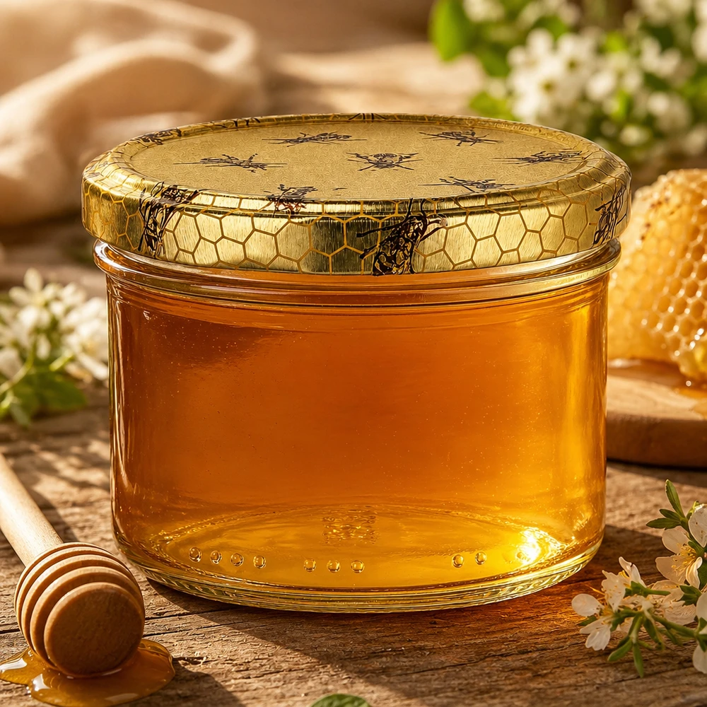 300g Honigglas mit Bienenwabe Deckel BasicSeal UNiTWIST 300g Honigglas mit goldenem Bienenmotiv-Deckel gefüllt mit naturreinem Honig neben Waben und Honigstab