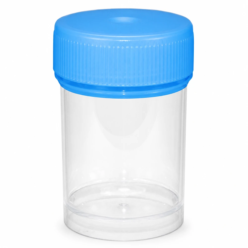 Universal Probenbehälter 20ml aus transparentem Kunststoff mit blauem Deckel für Labor