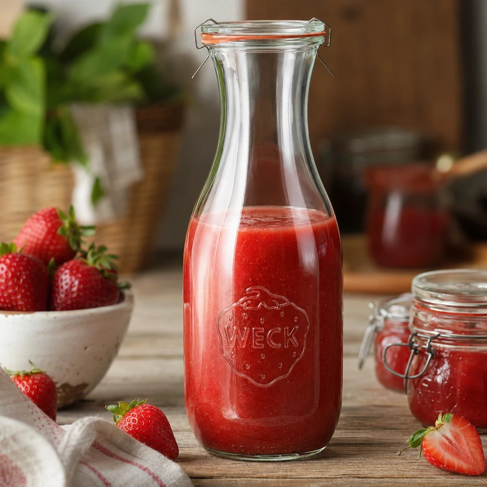 WECK Saftflasche 1062ml RR60 gefüllt mit rotem Erdbeersaft in Küche mit frischen Erdbeeren dekorativ arrangiert