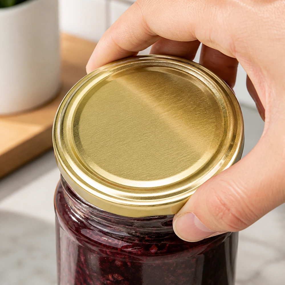 UNiTWIST TO43 gold, BioSeal, BPA-NI, unitemp Einmachglas mit roter Füllung und goldenem TO43 BioSeal Schraubverschluss wird verschlossen